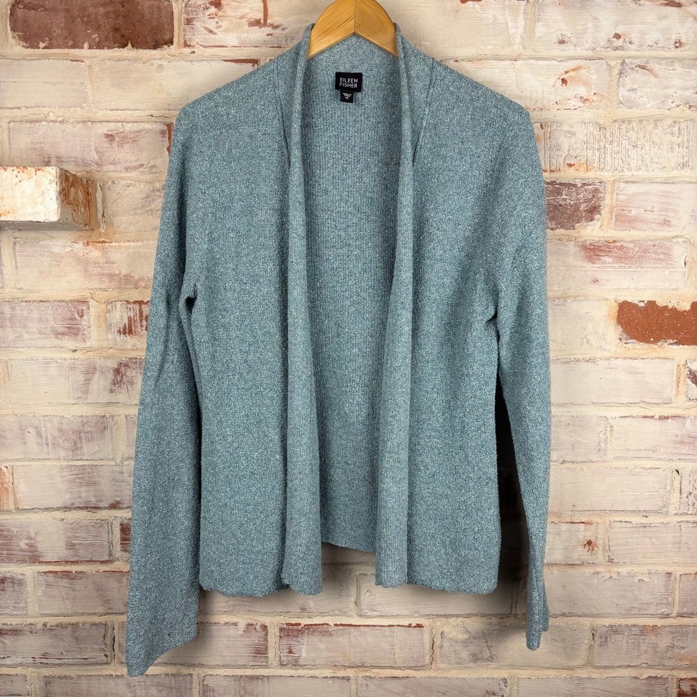 Eileen Fisher Med Silk Blend Boucle Knit Open Front Cardigan Blue Lagenlook